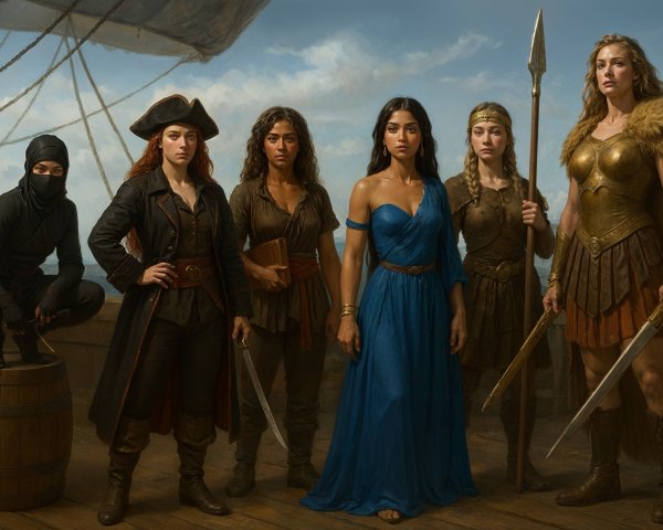 Group of Six Women Warriors on Ship's Deck