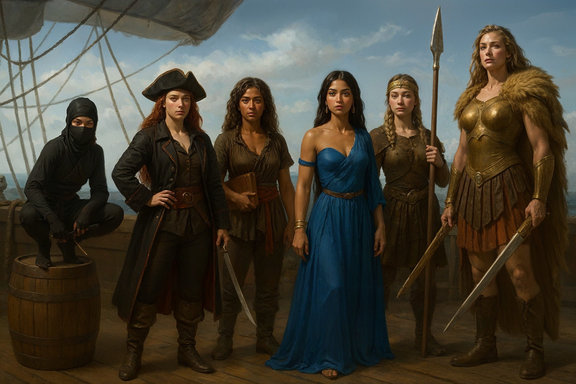 Group of Six Women Warriors on Ship's Deck
