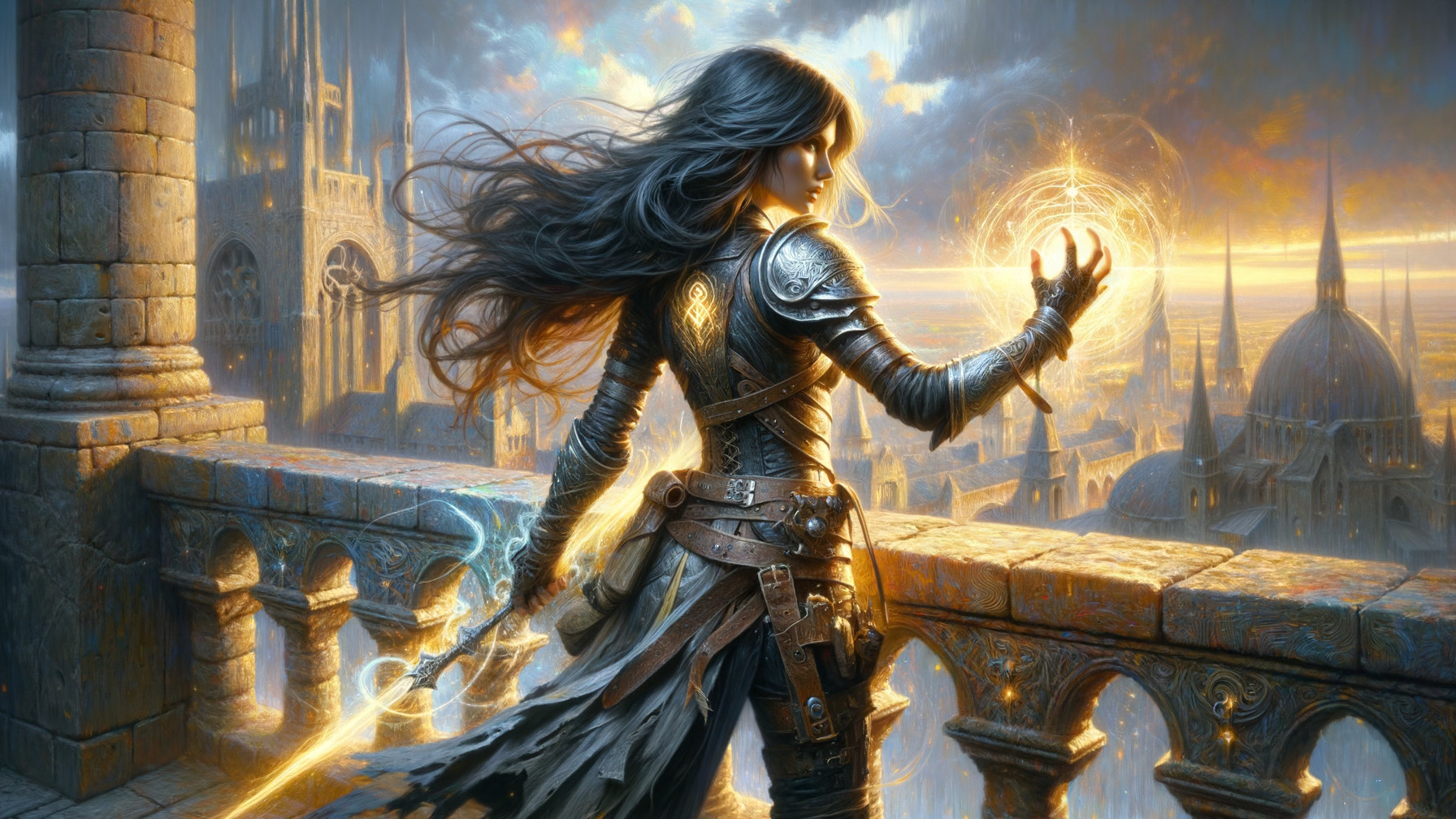 Cloaked Figure with Sword Overlooking Mystical City