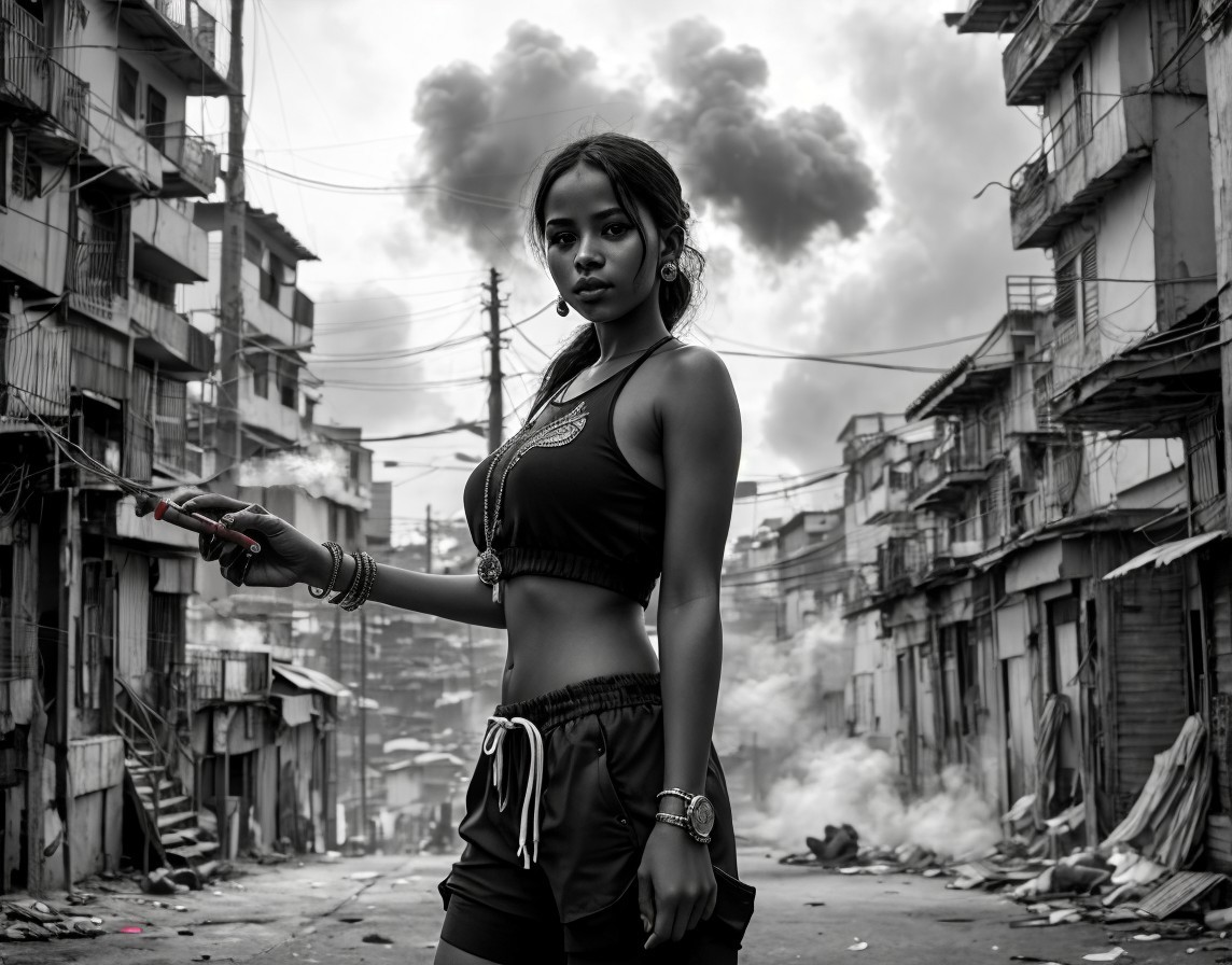 Confident Woman in Sporty Attire in Urban Decay