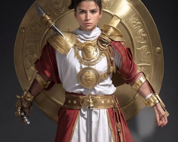 Female warrior in ancient armor with shield and garments