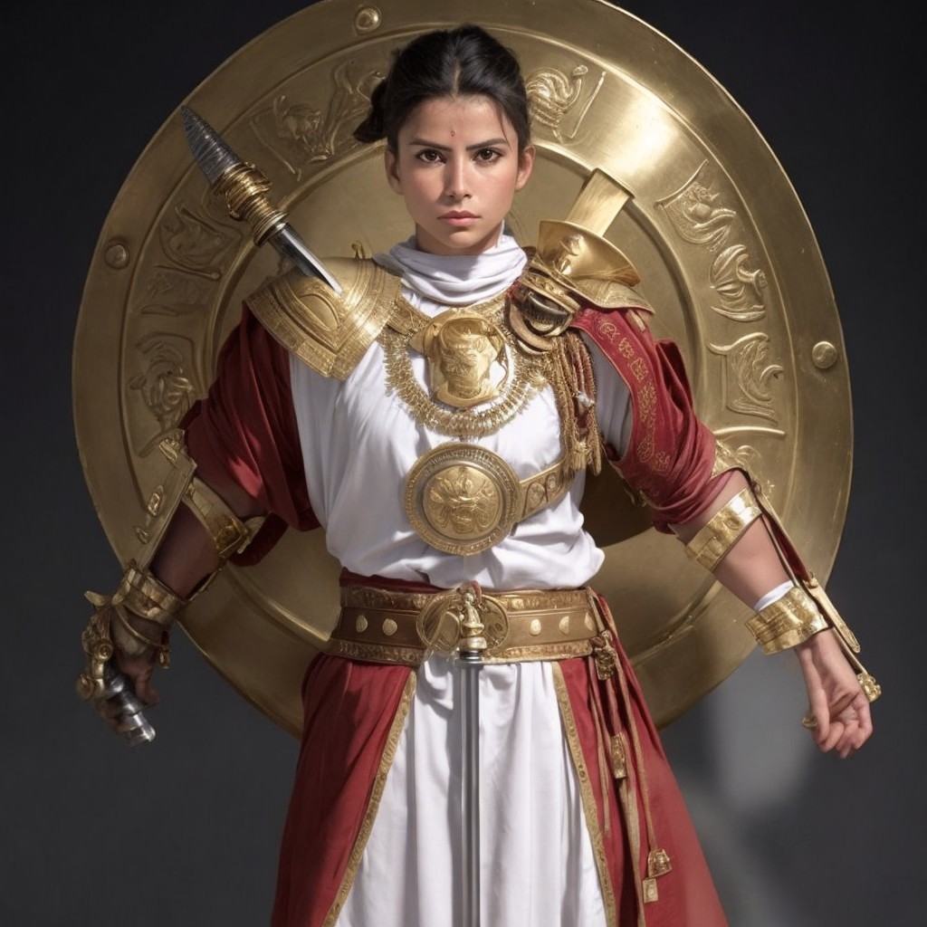 Female warrior in ancient armor with shield and garments