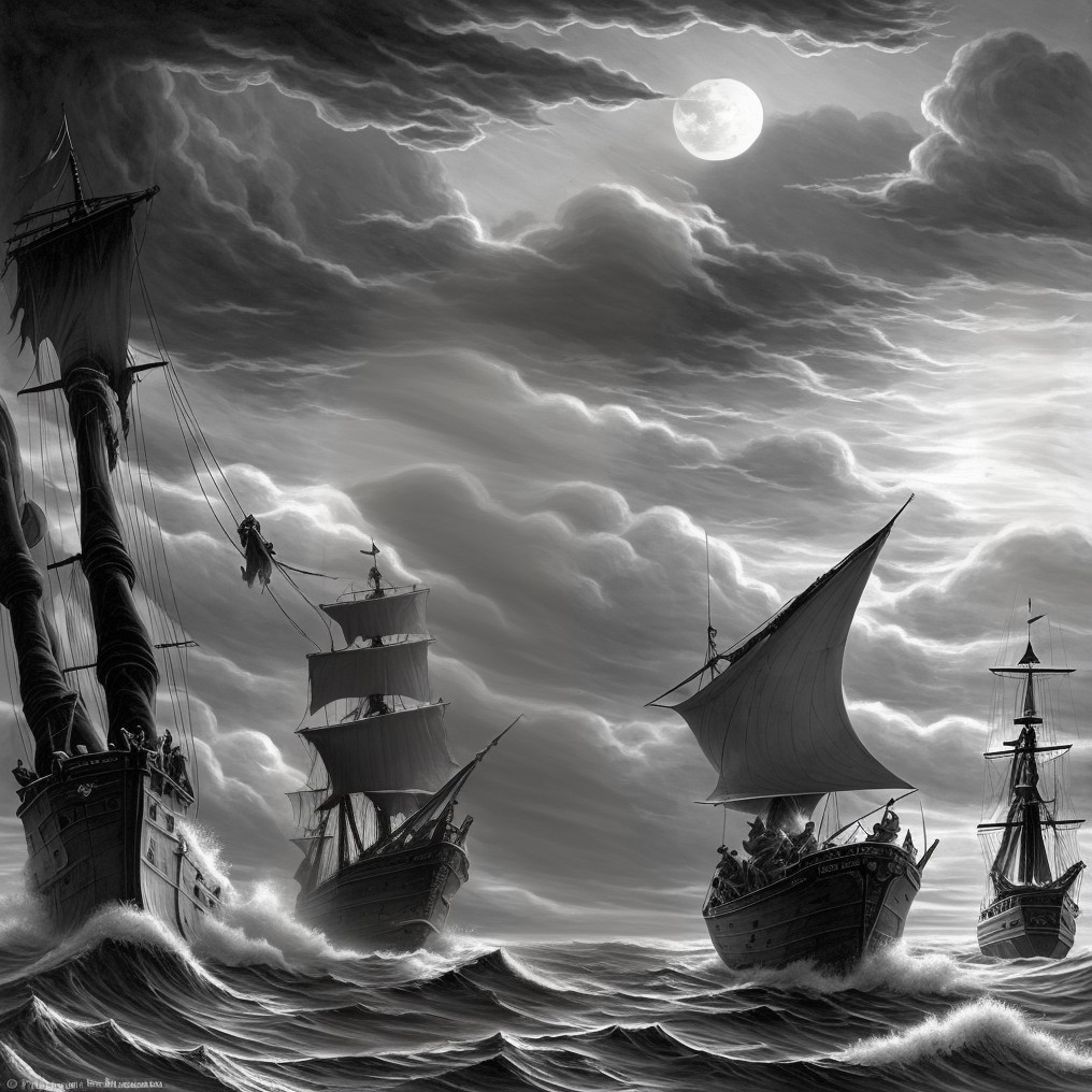 Dramatic Black and White Seascape with Tall Ships