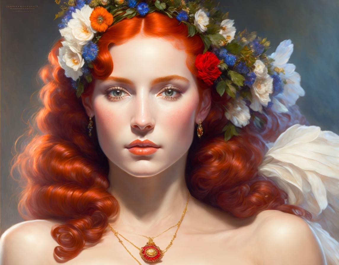 Portrait of a Woman with Curly Red Hair and Floral Crown