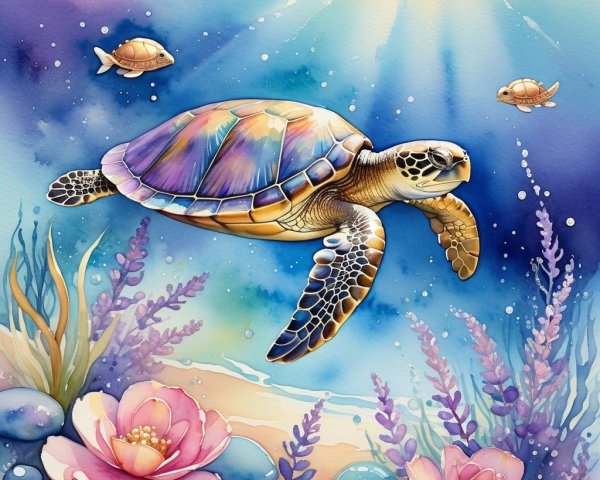 Underwater Scene with Turtle and Lotus Flowers