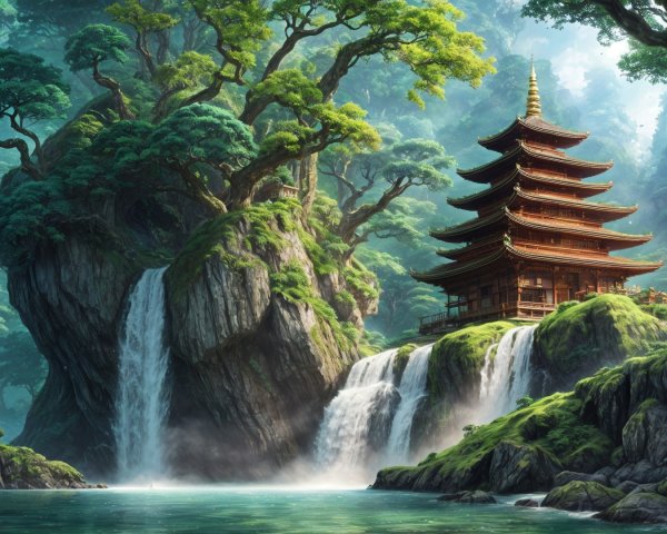 Serene Landscape with Pagoda and Waterfalls
