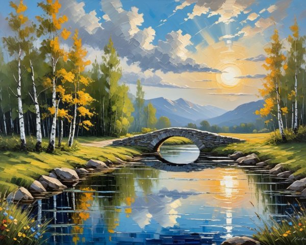 Tranquil River Landscape with Autumn Foliage and Bridge