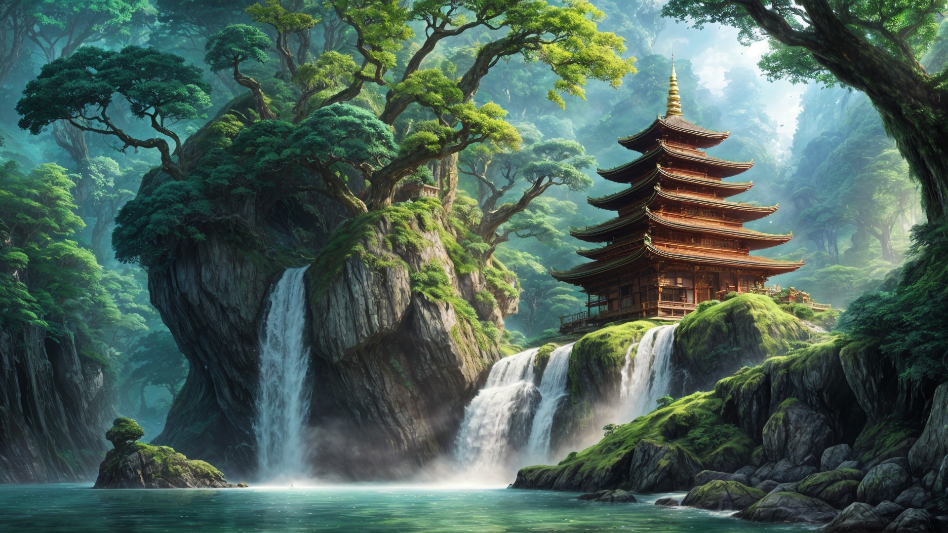 Serene Landscape with Pagoda and Waterfalls