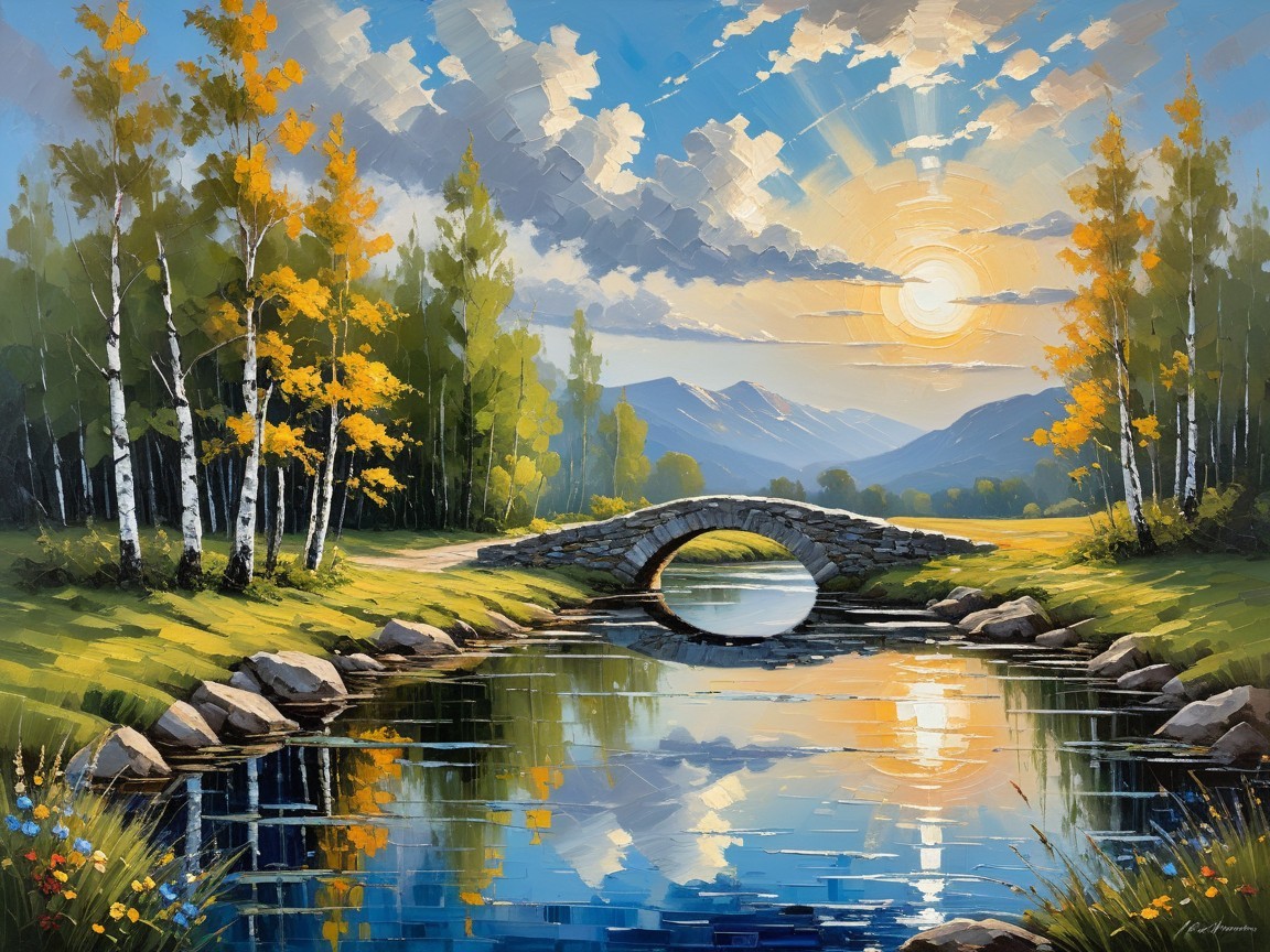 Tranquil River Landscape with Autumn Foliage and Bridge