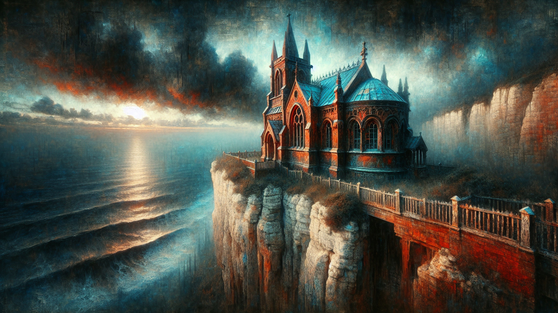Gothic Church on Cliffside with Stormy Sky and Ocean