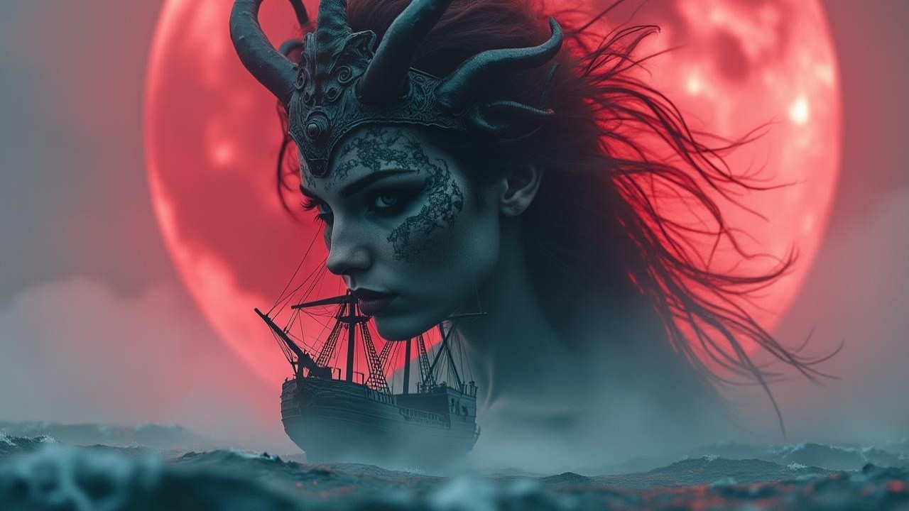Mythical Figure with Horns and Red Moon Background