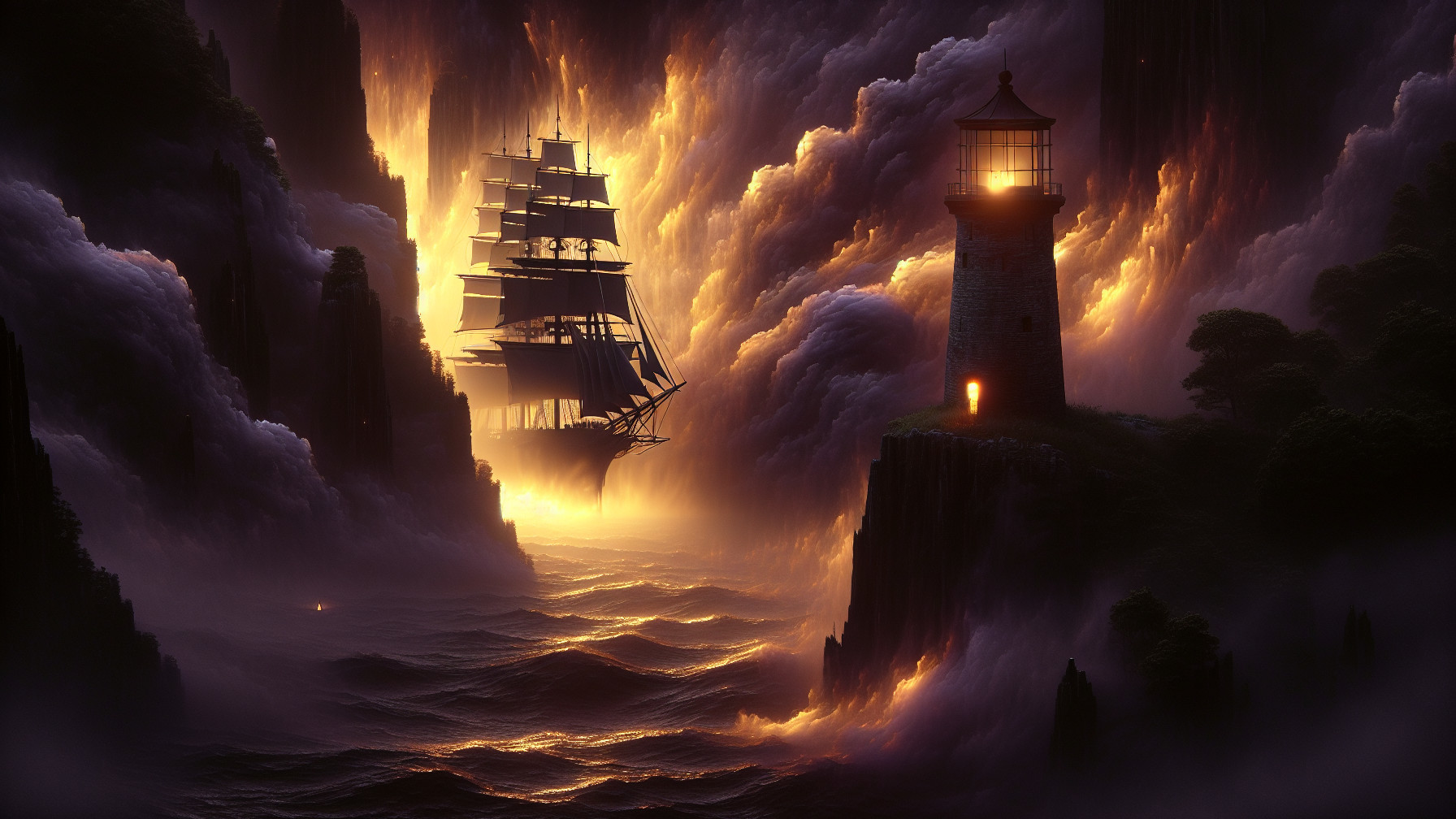 Dramatic Seascape with Tall Ship and Lighthouse