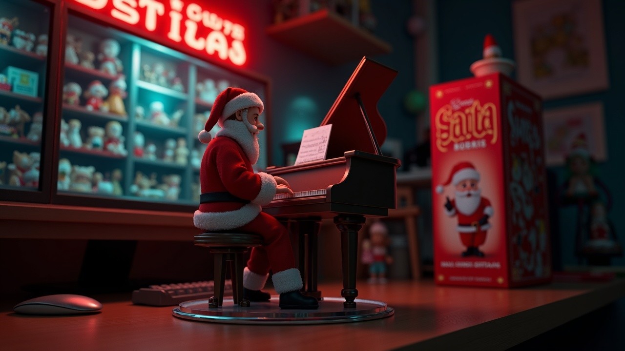 Cheerful Santa Claus Figurine at Grand Piano Scene