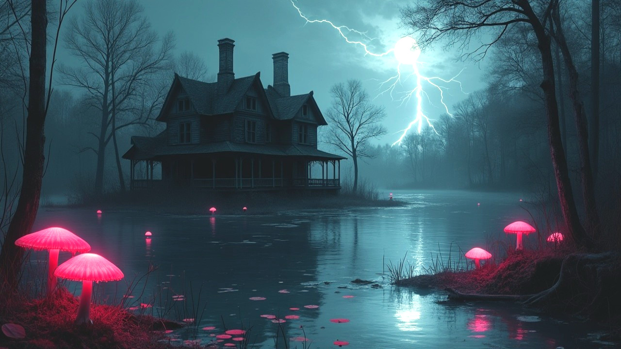 Haunted House by Serene Lake with Eerie Glow