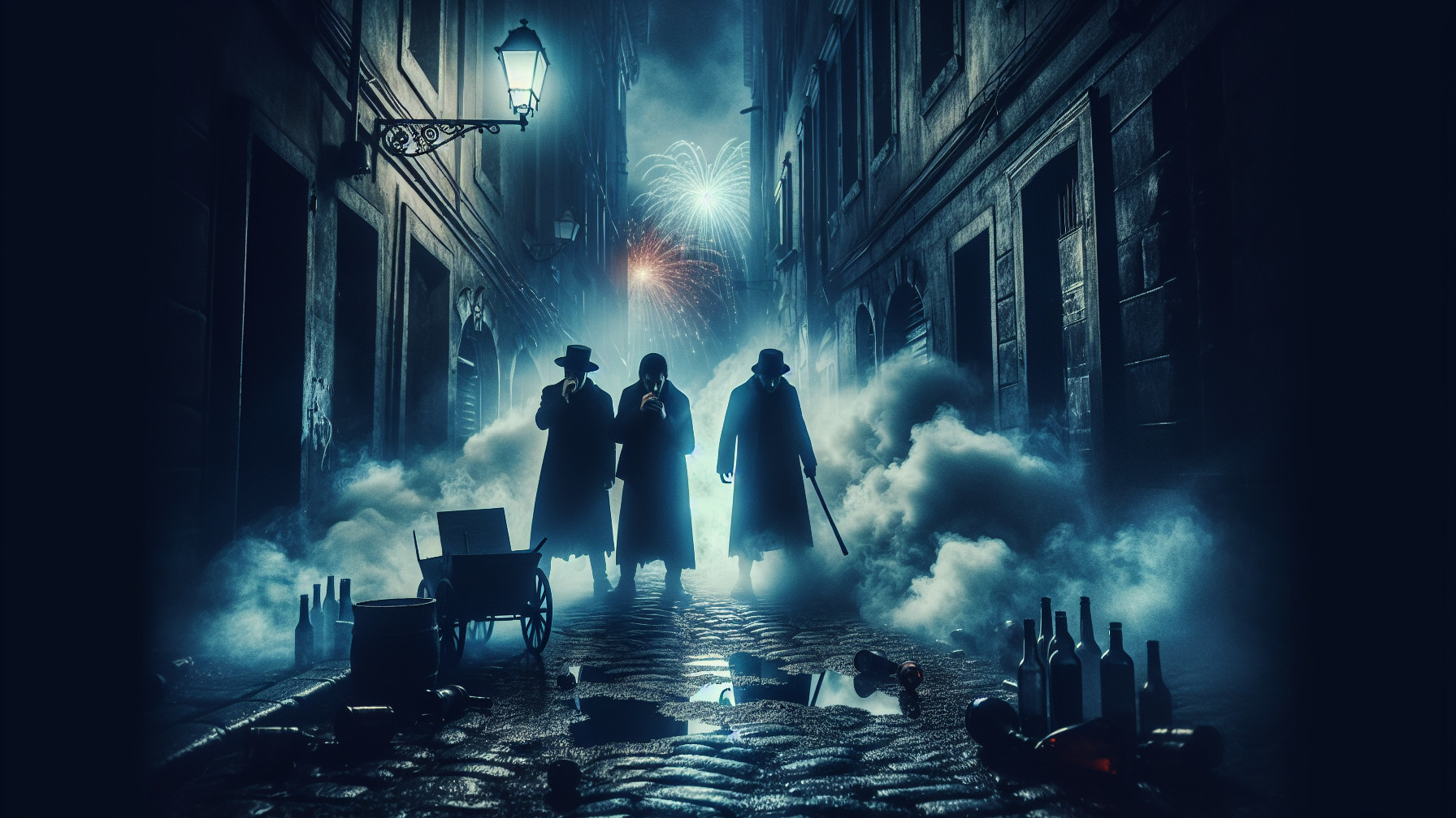 Dimly Lit Cobblestone Alley with Shadowy Figures