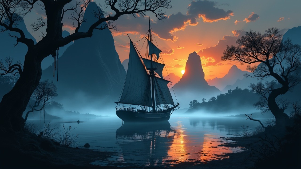 Twilight Scene of a Ship on a Calm Lake
