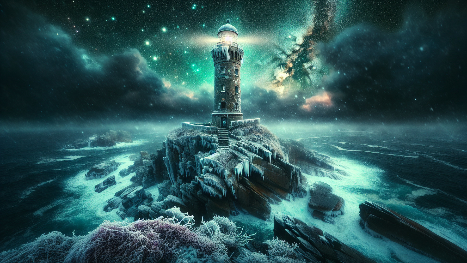 Lighthouse on Rocky Shore Under Starry Night Sky