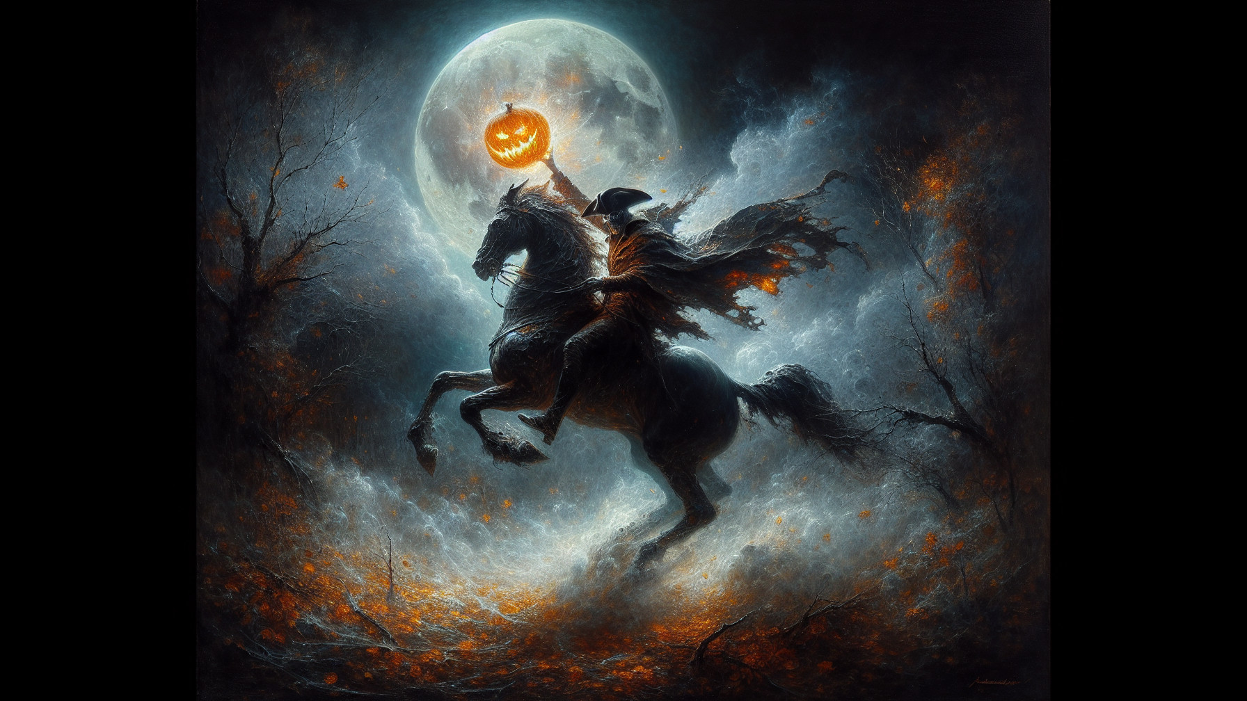 Mysterious Rider on Black Horse in Foggy Landscape