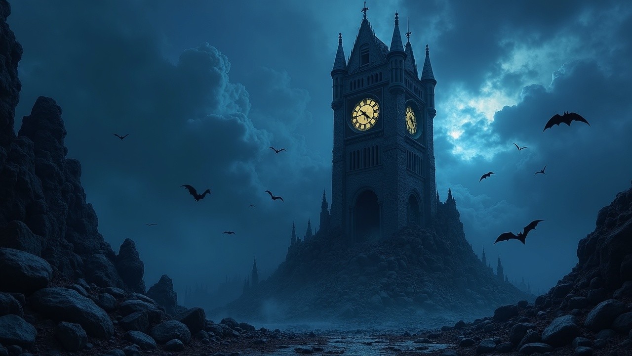 Eerie Landscape with Towering Clock and Misty Rocks