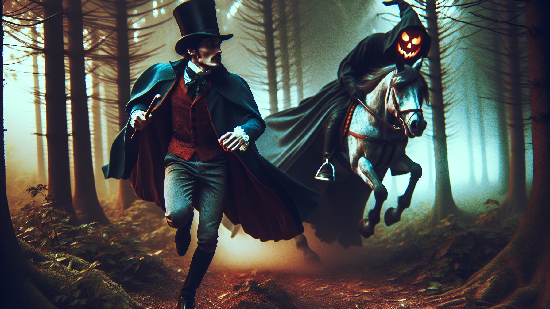 Misty Forest Chase with Dapper Man and Horseman