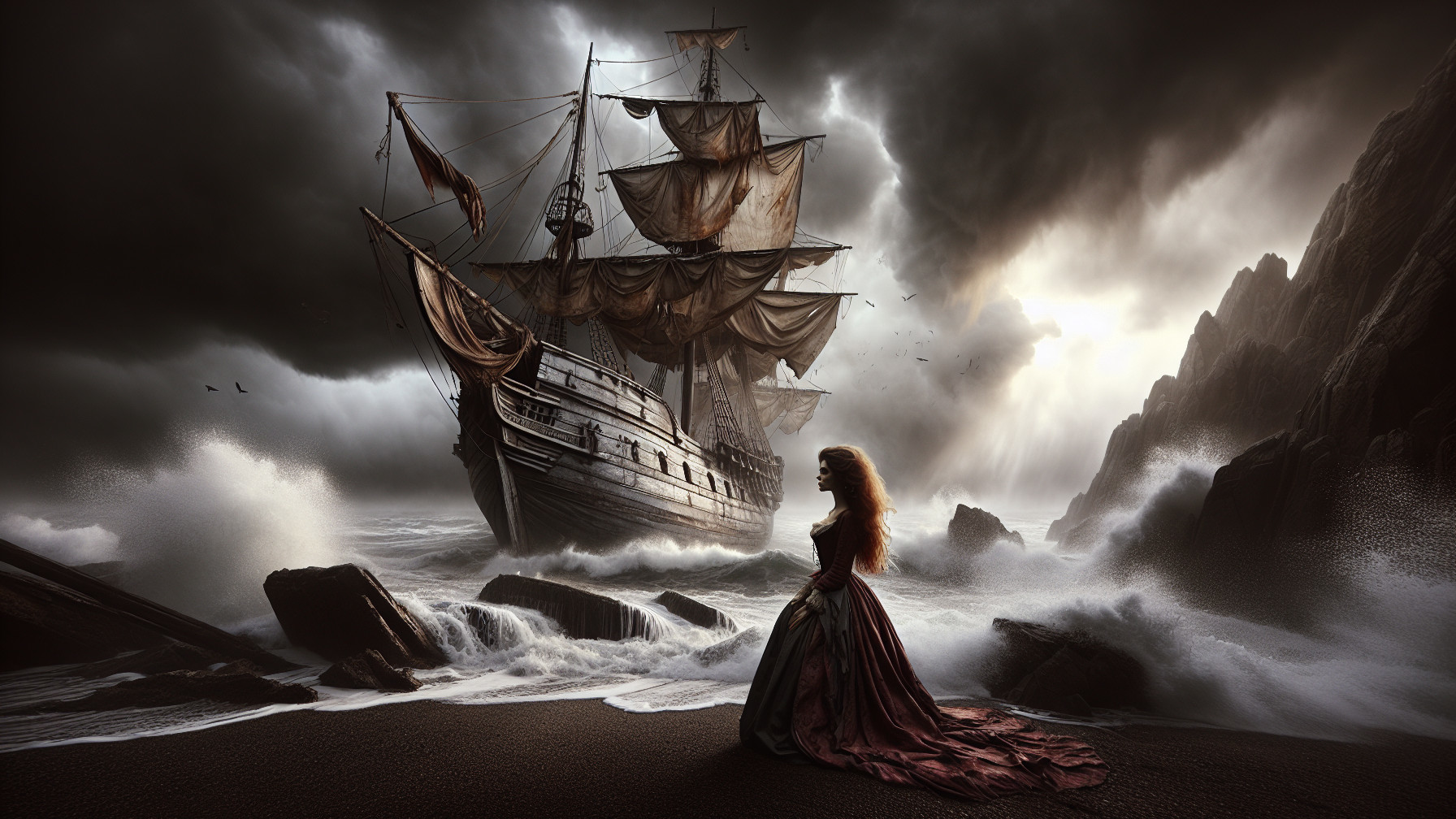 Dramatic Scene of a Ship and Woman on Stormy Shore