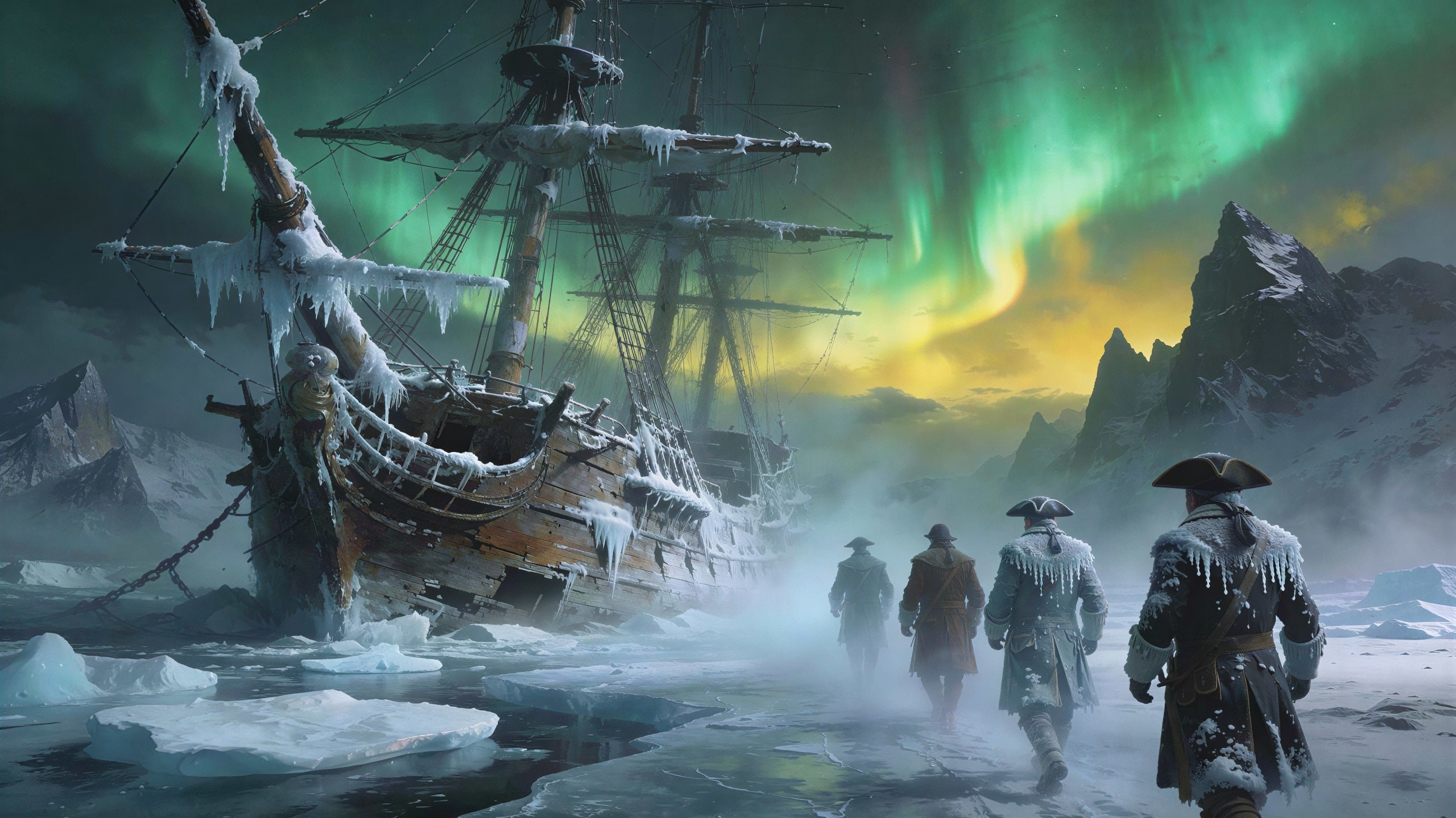 Explorers in Dark Clothing Amidst Frozen Landscape