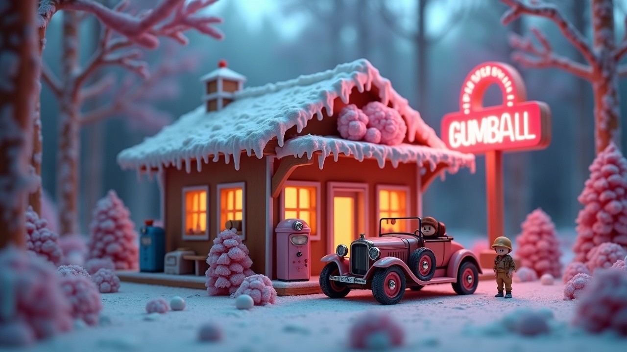 Winter Scene with Whimsical Snack Shop and Vintage Car
