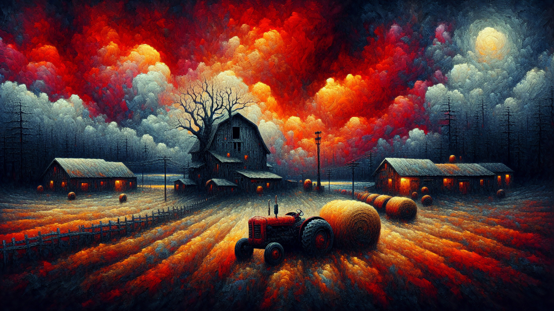 Surreal Dusk Landscape with Tractor and Barn
