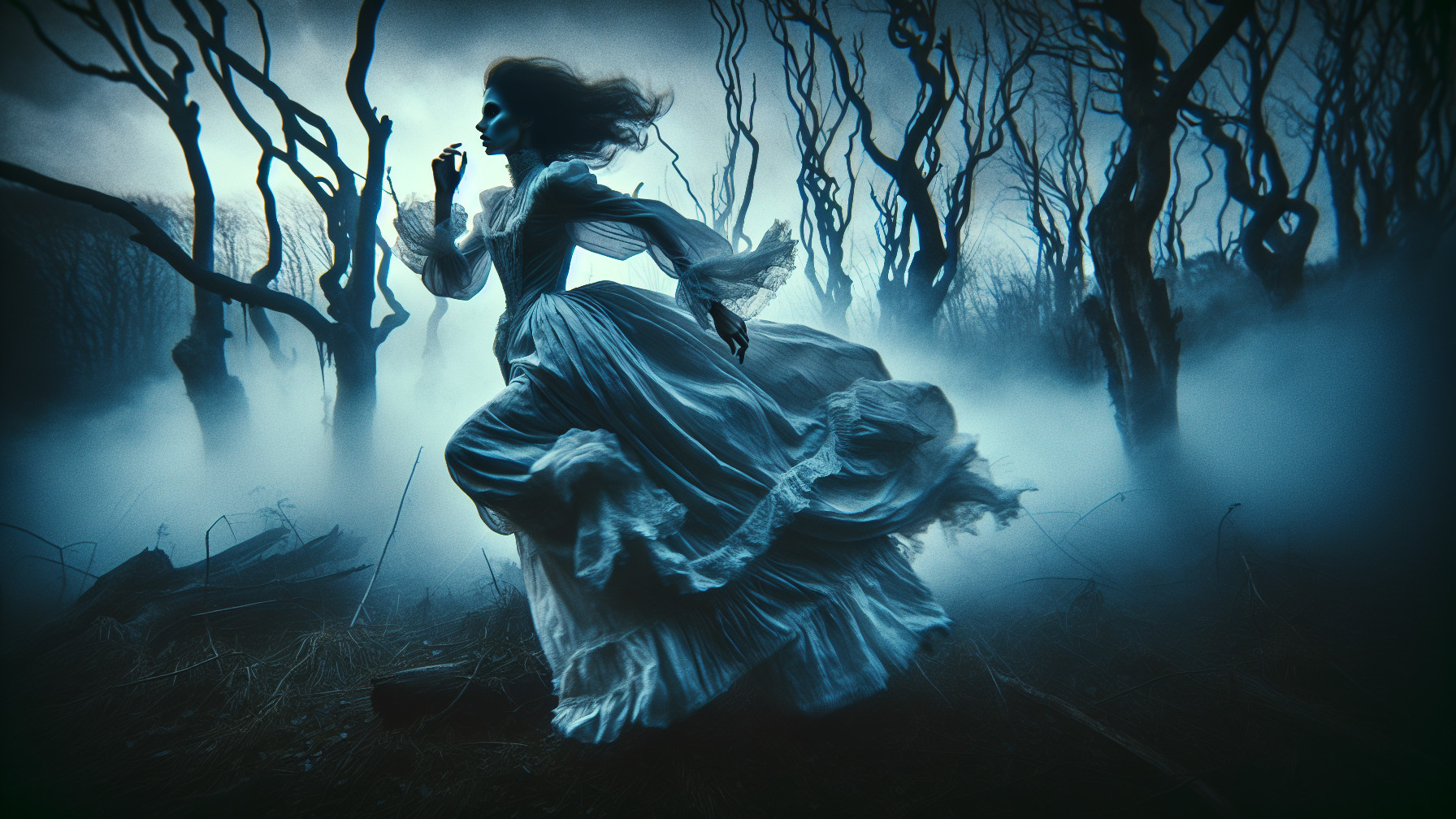 Ghostly Figure in White Gown in Foggy Forest