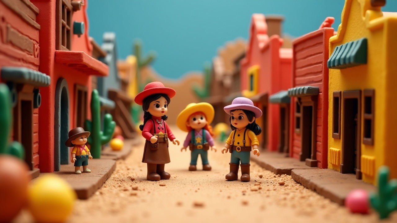 Miniature Western Town with Colorful Cowboy Figures