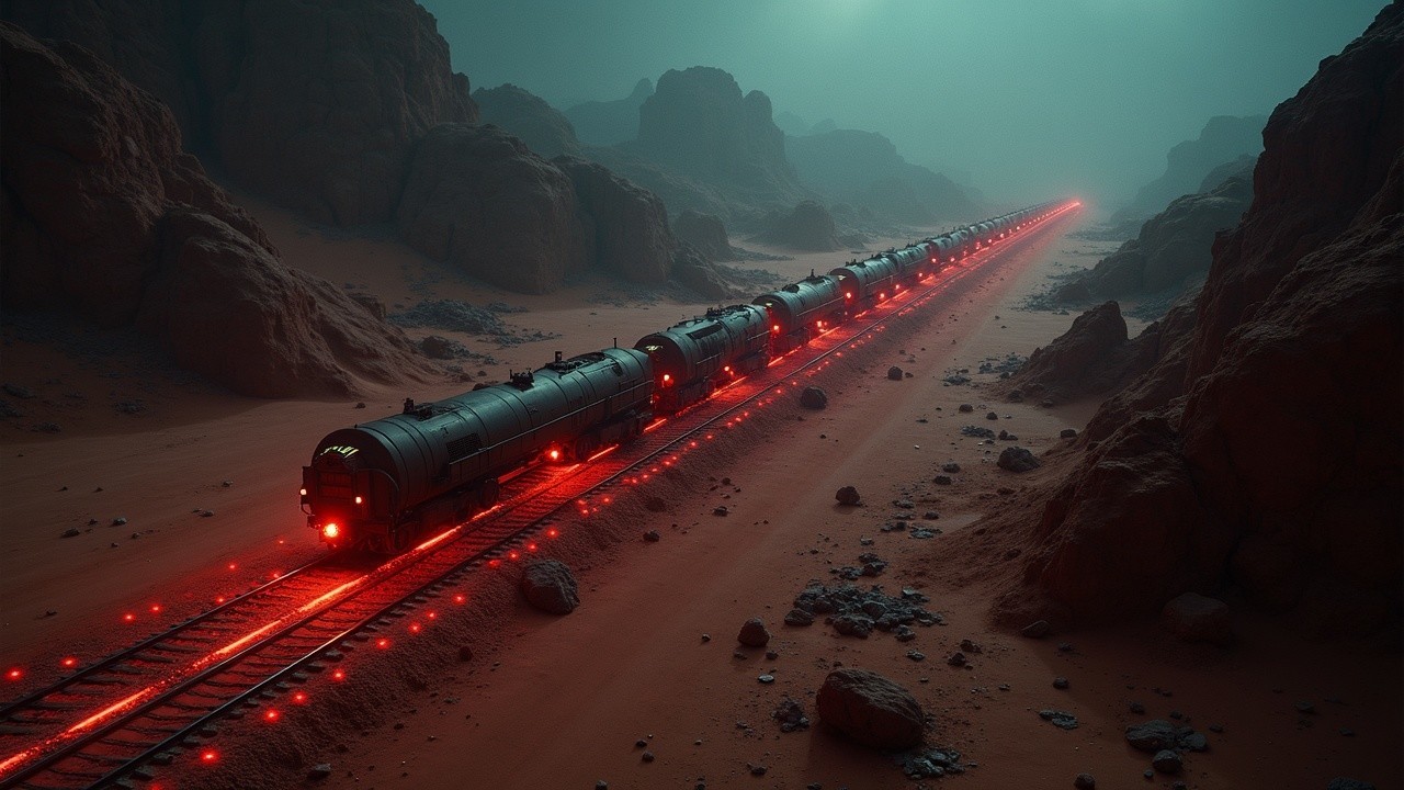 Futuristic Train on Glowing Red Tracks in Rocky Landscape