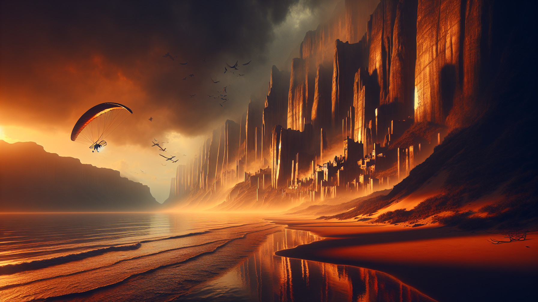 Golden Sunset Over Cliffs and Serene Beach Landscape