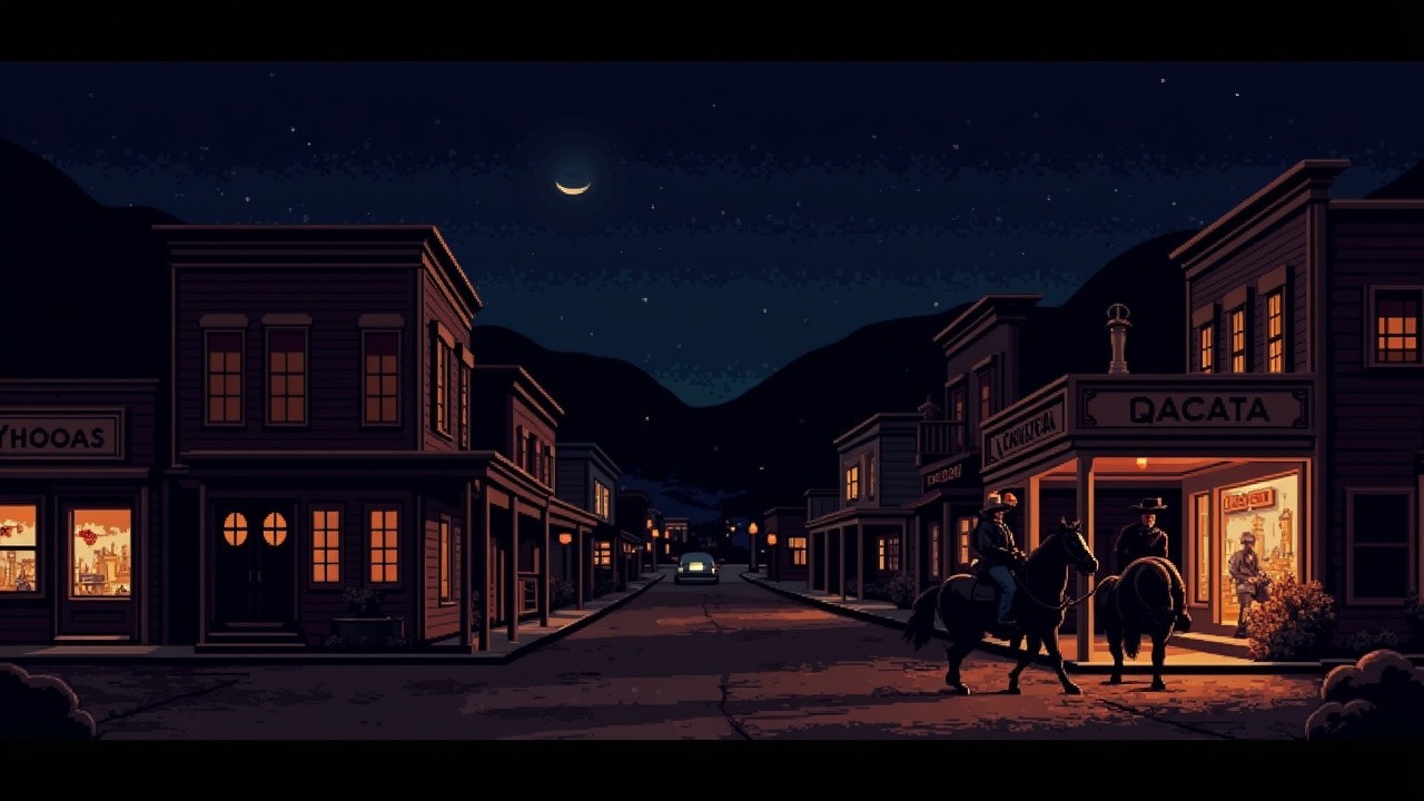 Moonlit Western Town with Cowboys and Old Buildings