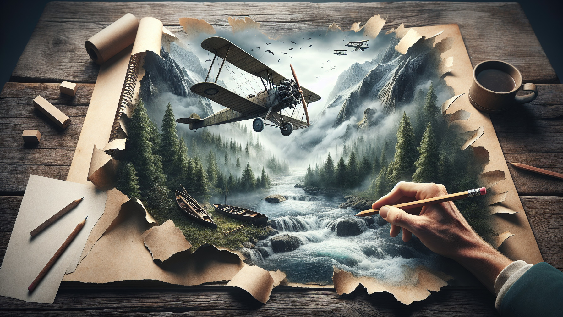 Biplane Over Mountains and River in Artistic Scene