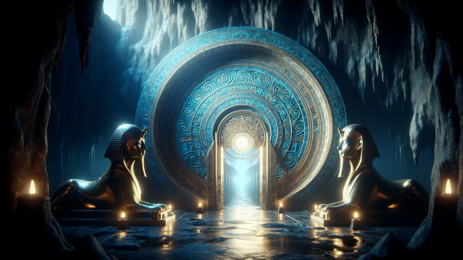 Mystical Underground Cavern with Circular Door and Sphinxes