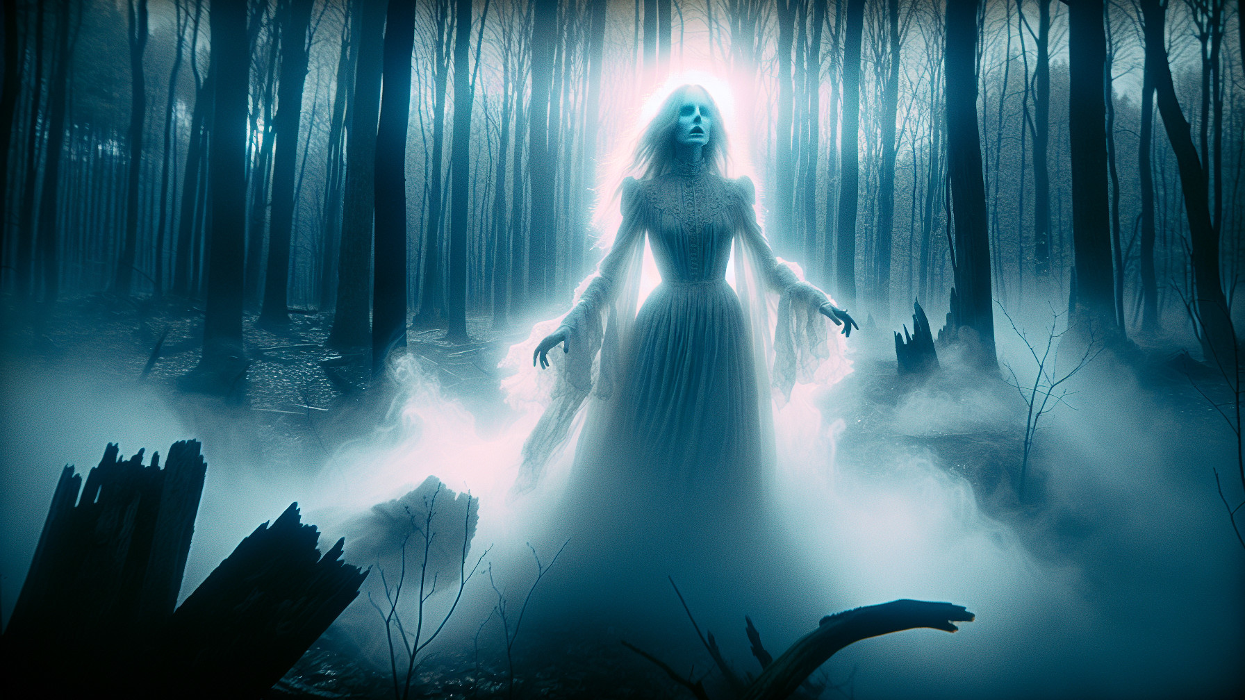 Ghostly Figure in Misty Forest with Ethereal Glow