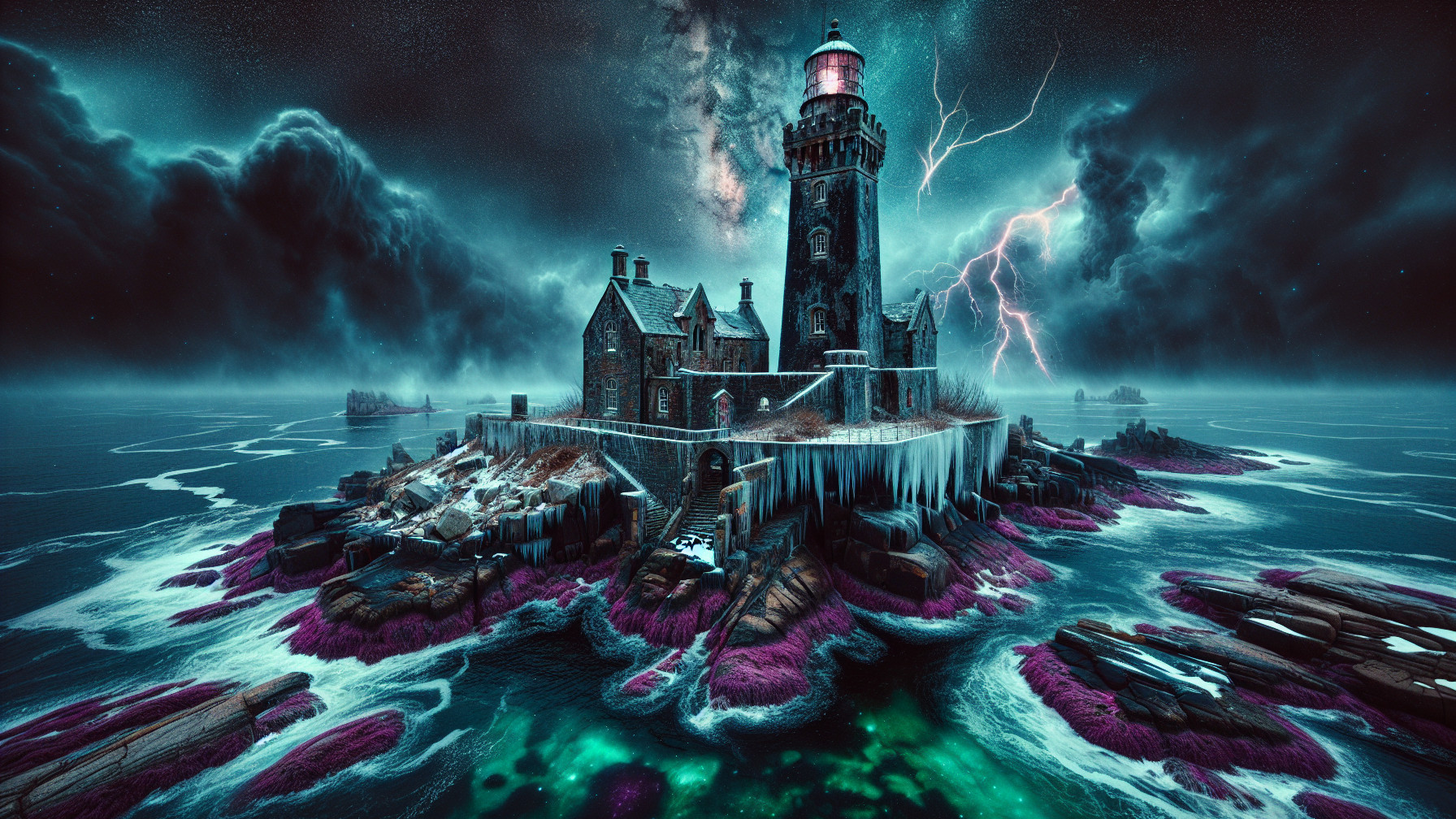 Mysterious lighthouse on a rocky island during a storm