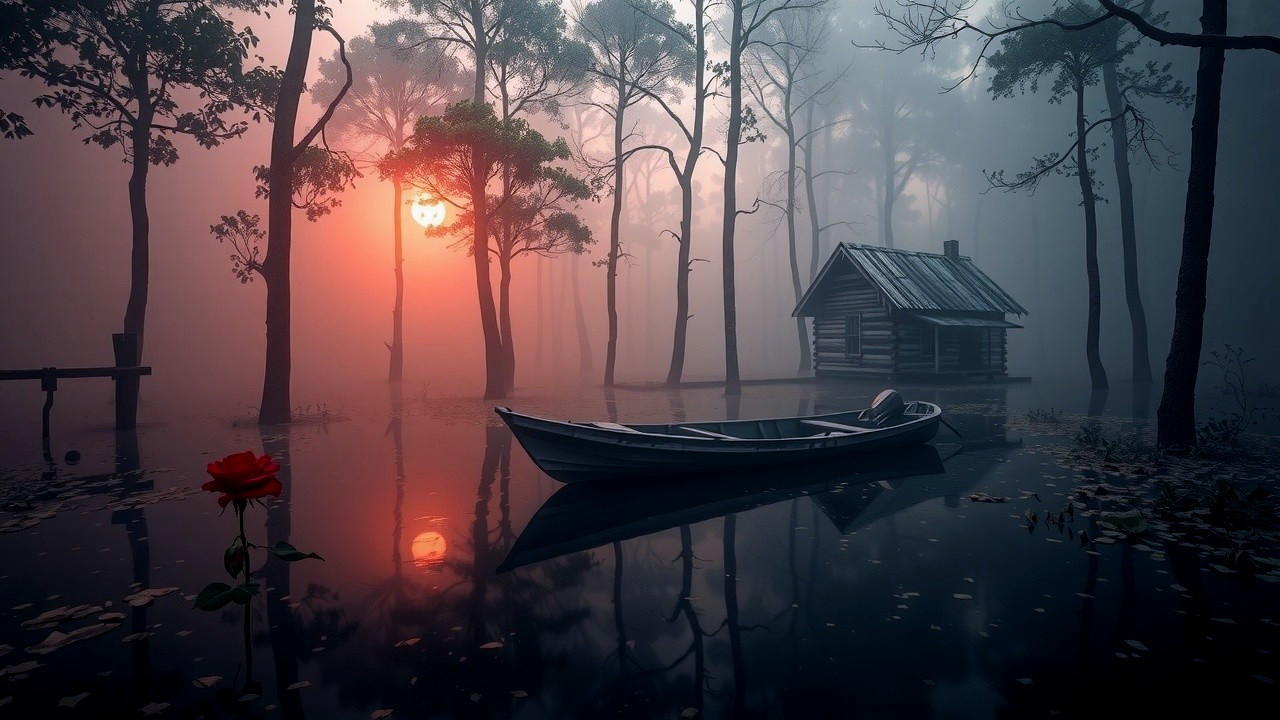 Serene landscape with rustic cabin and misty water