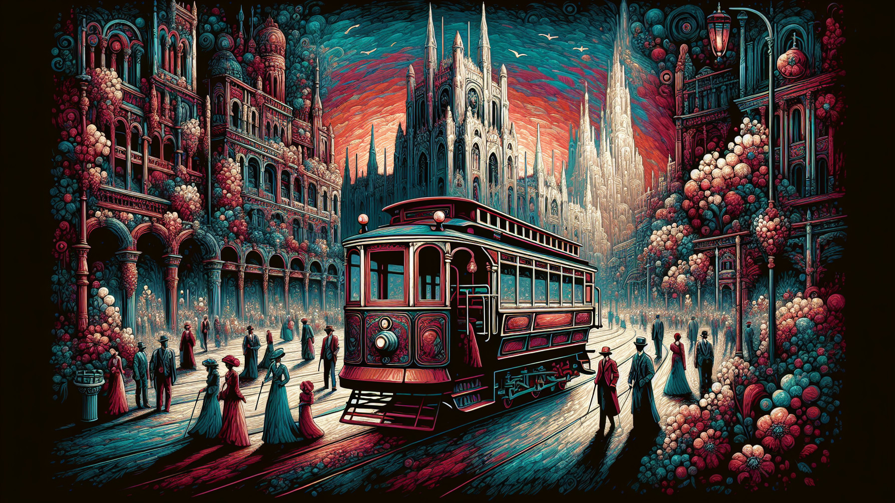 Vintage Tram in Vibrant Cityscape with Elegant Architecture