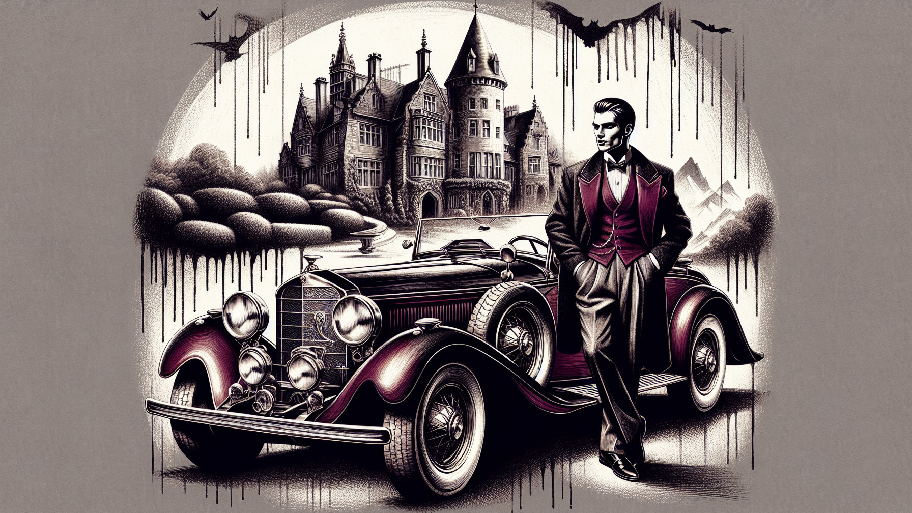 Elegant Figure in Formal Attire by Vintage Car