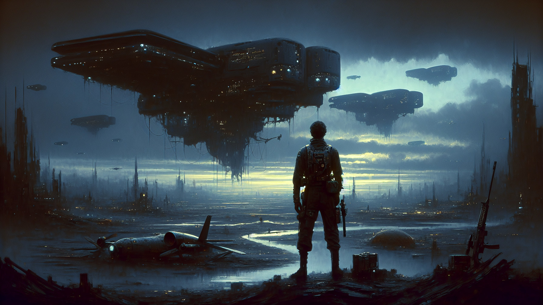 Dystopian Landscape with Hovering Structures and Ruins
