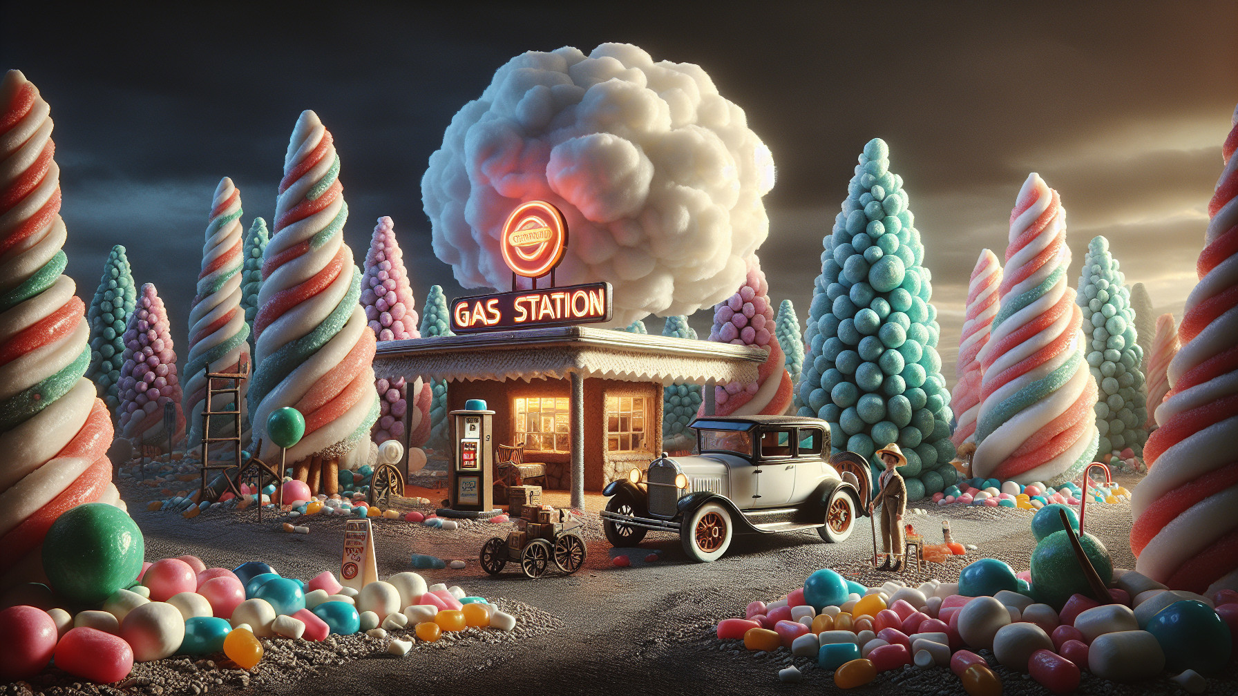 Whimsical Gas Station in a Candy Wonderland Setting
