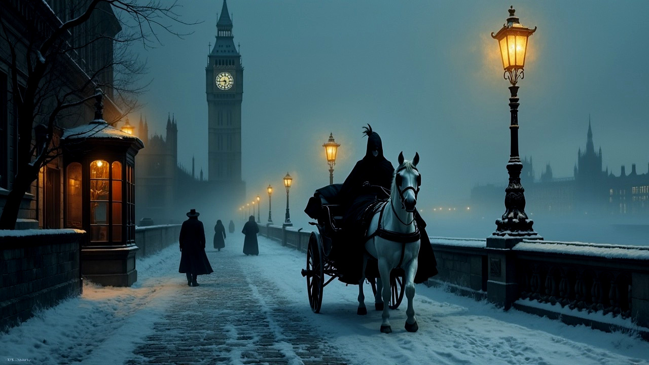 Foggy London Night with Vintage Street Lamps and Big Ben
