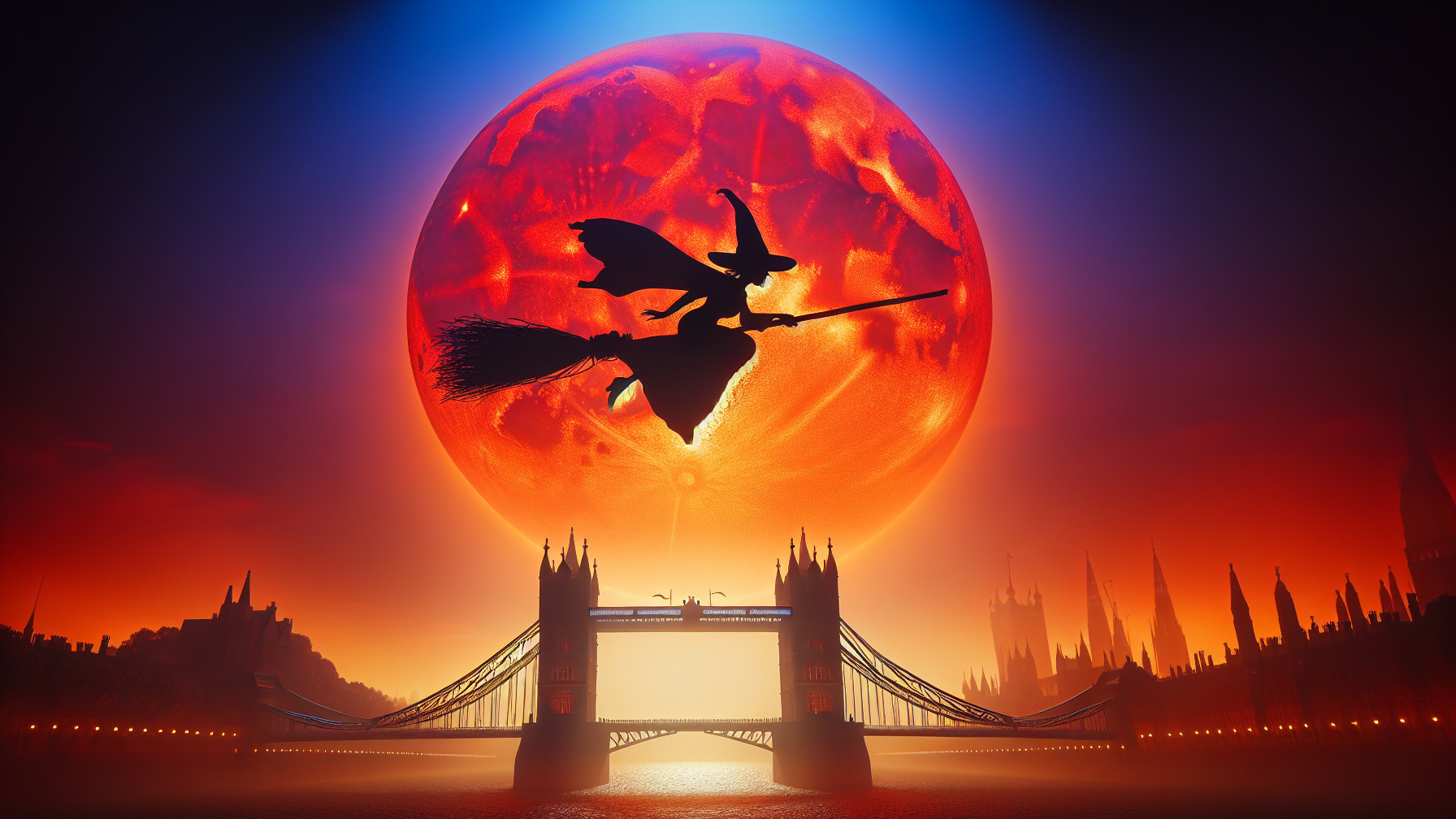 Witch Silhouette Against Orange Moon and London Skyline