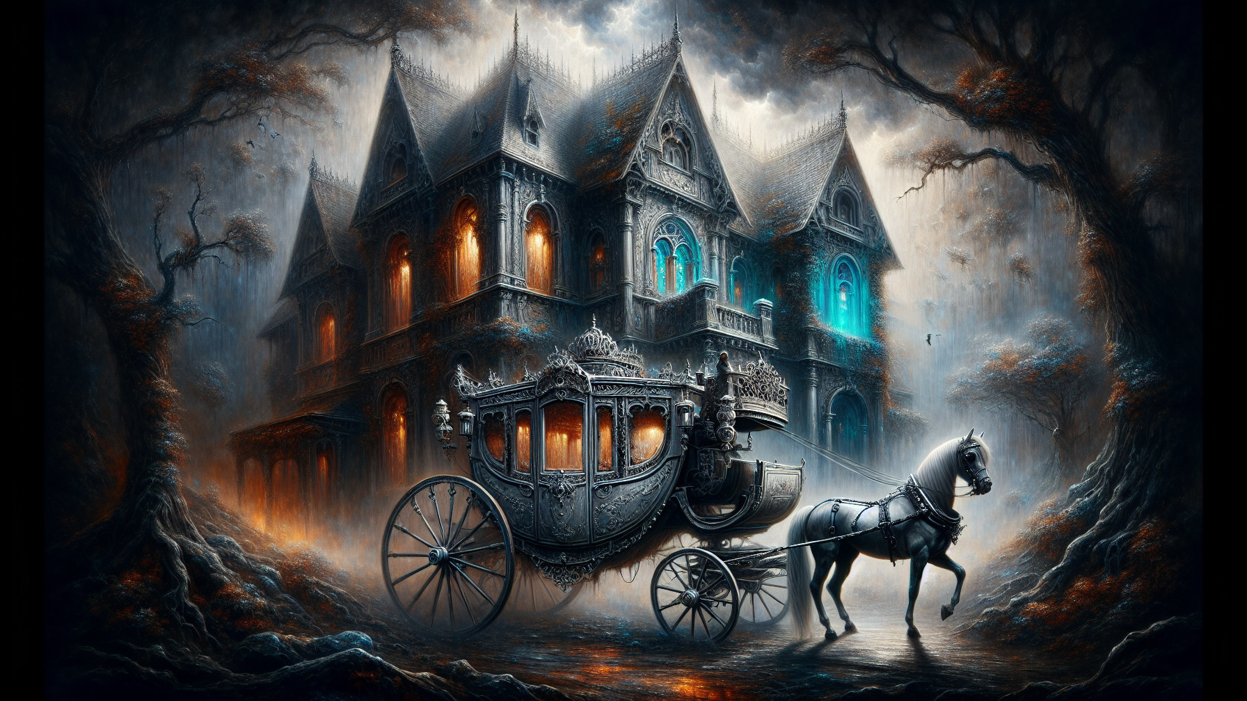 Gothic Carriage and Mansion Under Misty Sky
