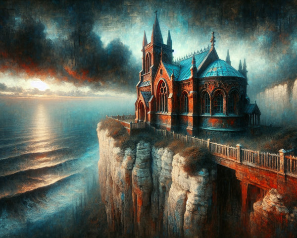 Gothic Church on Cliffside with Stormy Sky and Ocean