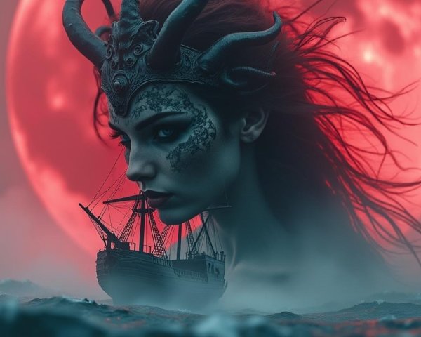 Mythical Figure with Horns and Red Moon Background