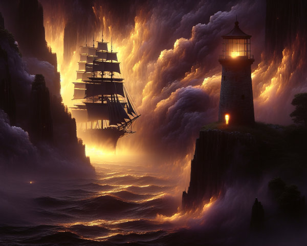 Dramatic Seascape with Tall Ship and Lighthouse