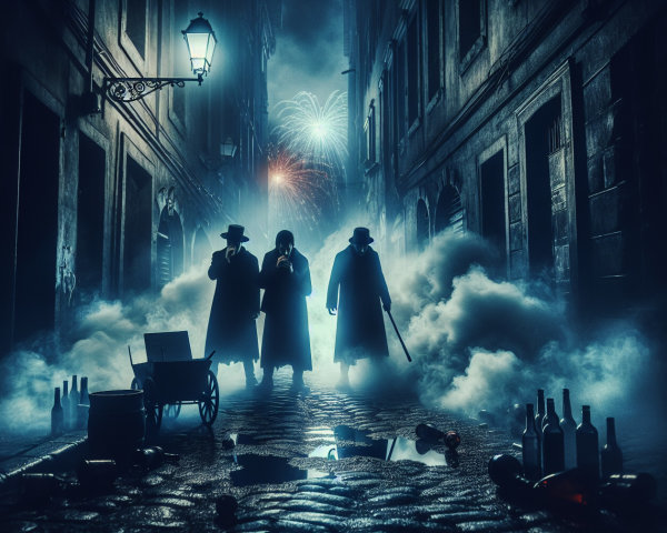 Dimly Lit Cobblestone Alley with Shadowy Figures