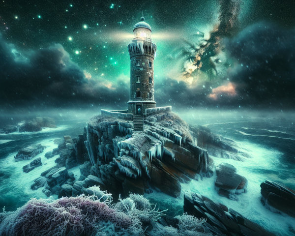 Lighthouse on Rocky Shore Under Starry Night Sky